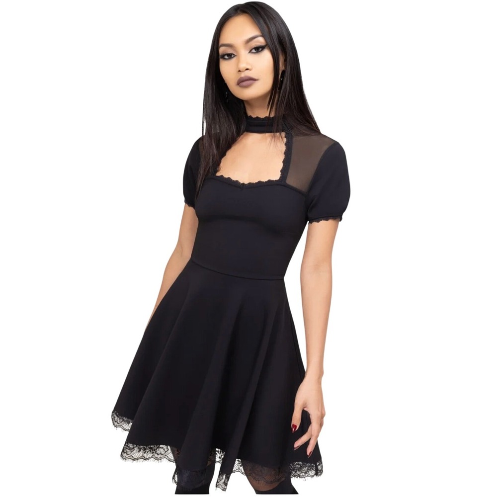 Killstar Draculana Skater Dress Size M Black Mesh Cutout Lace Trim Goth Witchy